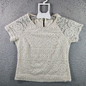 Solitaire Cream Lace Crochet Short Sleeve Top Women's Size Medium